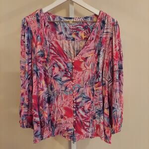 One World Plus Size Blouse 2X Pink Colorful Button Up Peasant‎ Fairy (FLAW)